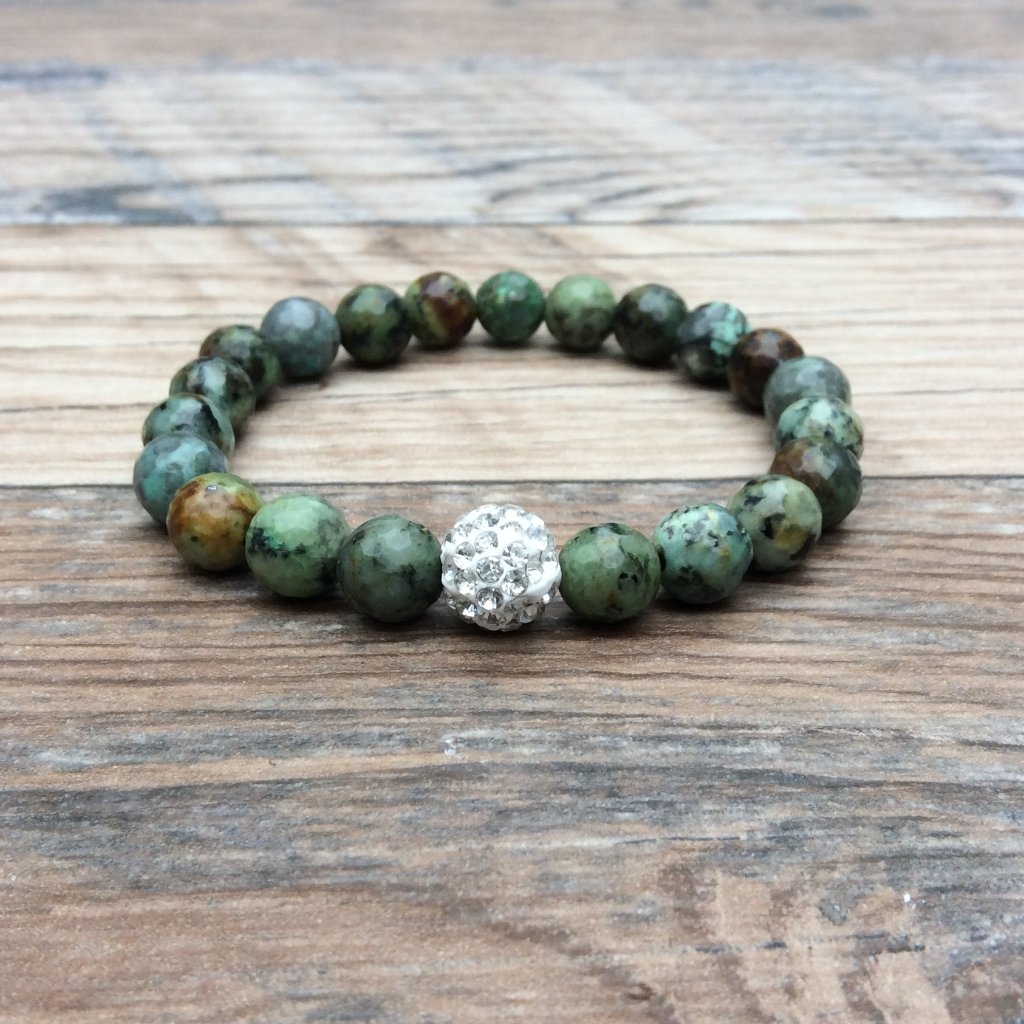 African Turquoise Bracelet With Rhinestone, Gemstone, Healing Crystals, Blue